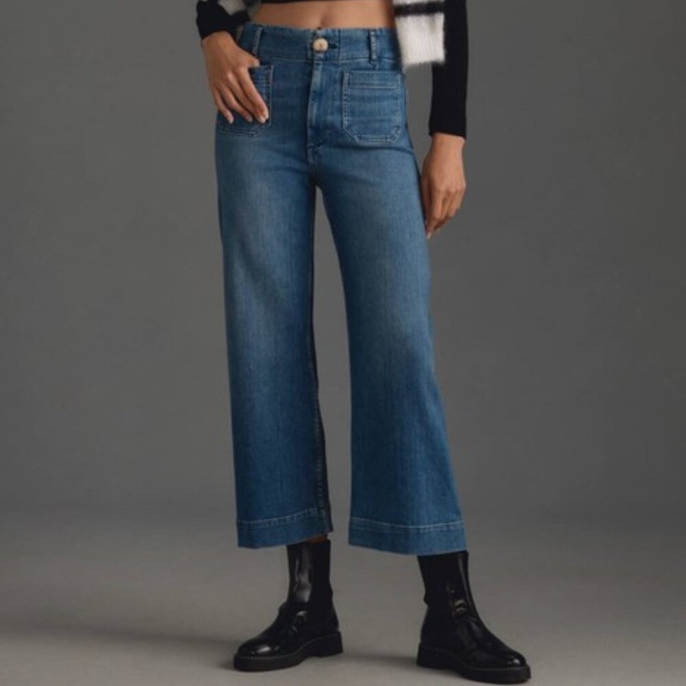 Anthropologie The Colette Cropped High-Rise Wide-Leg Jeans by Maeve Medium Blue